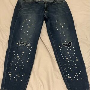 Vintage America Dark Blue Pearl-Studded Skinny Jeans 14/32